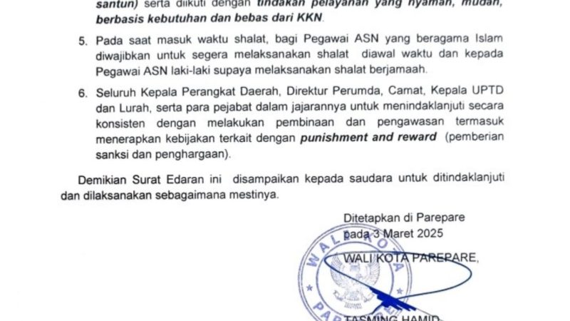 Wali Kota Parepare Keluarkan Surat Edaran Peningkatan Disiplin dan Kinerja Pelayanan ASN