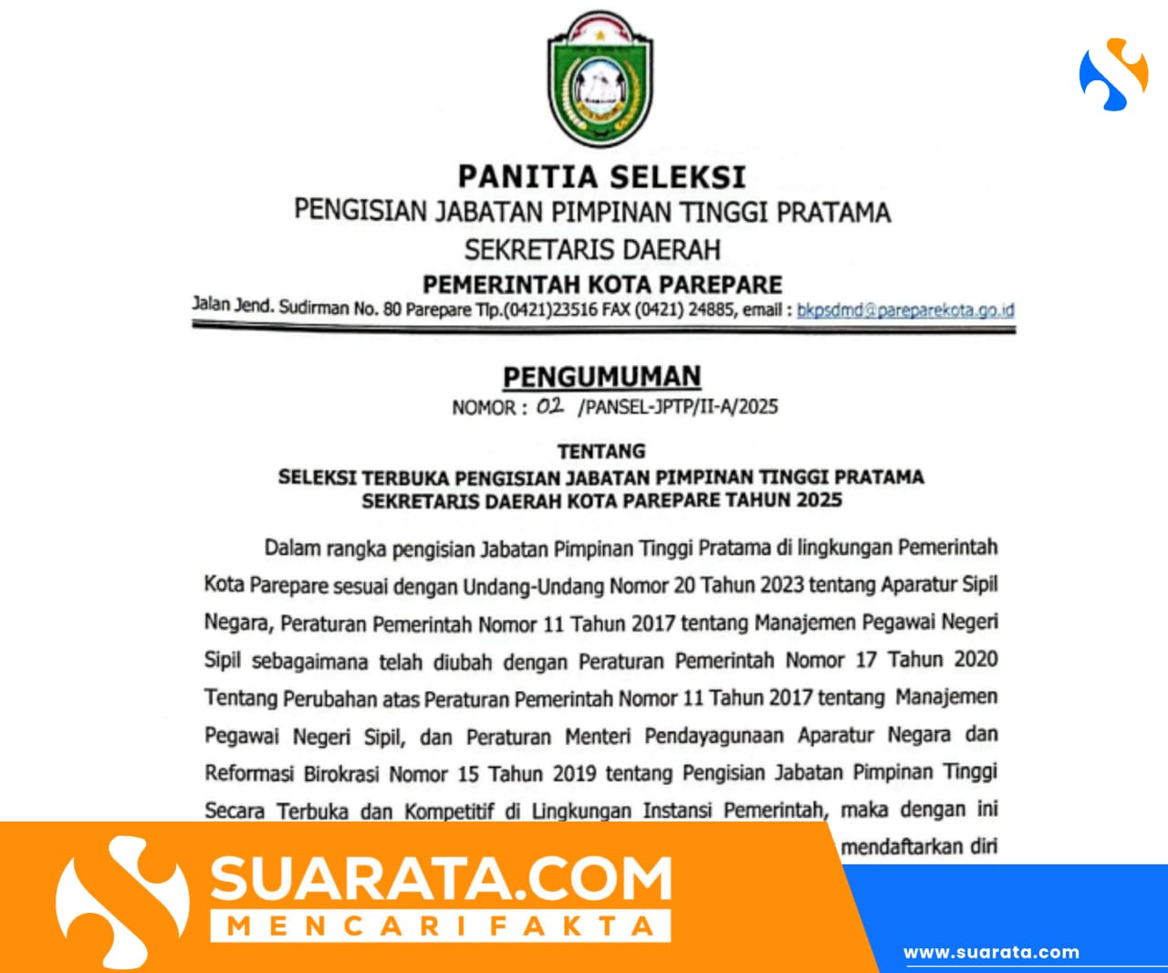 Pemkot Parepare Buka Seleksi Terbuka Calon Sekda