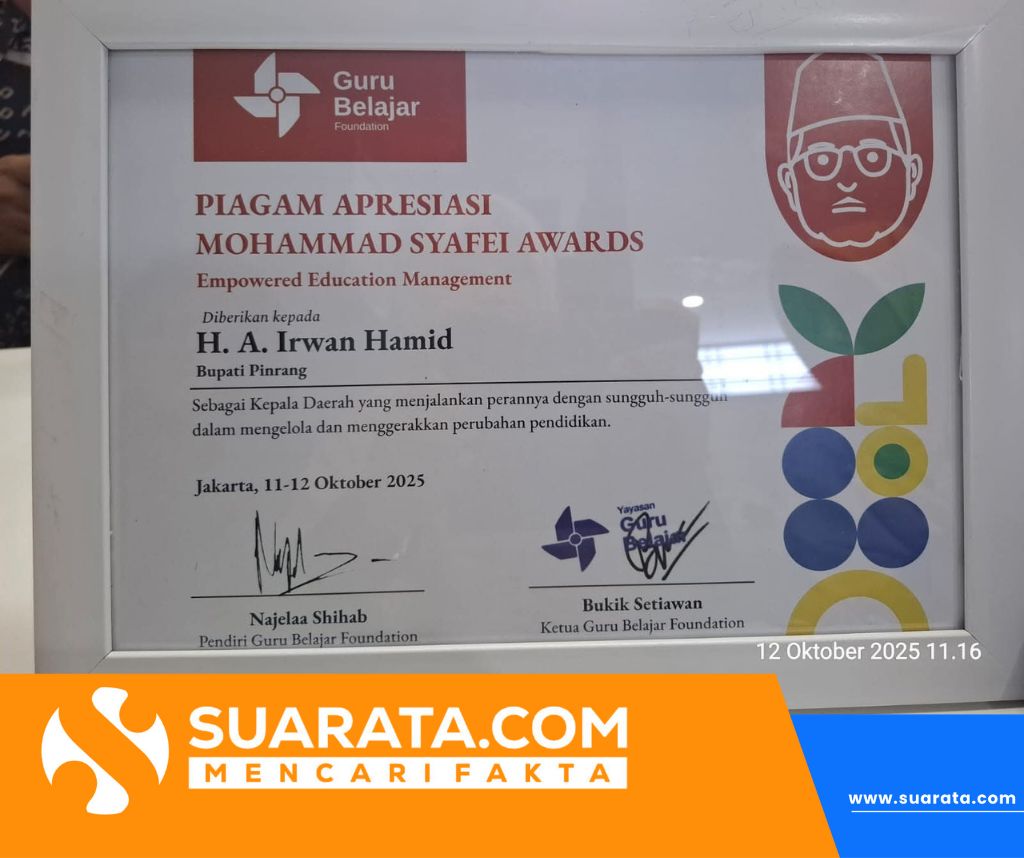 Bupati Pinrang Terima Penghargaan Nasional dari Guru Belajar Foundation