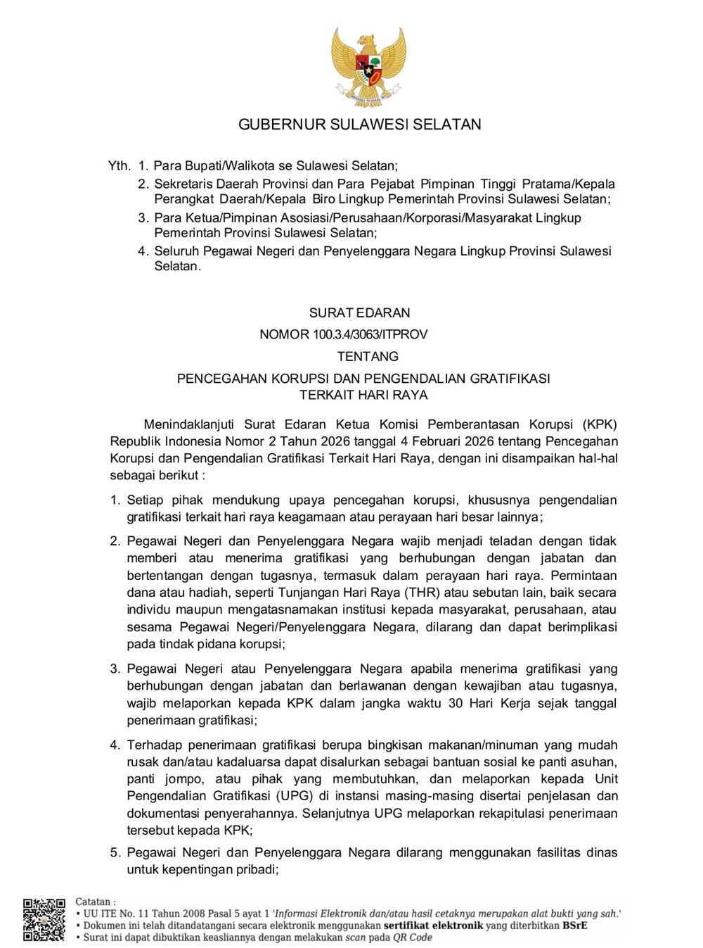 Gubernur Sulsel Keluarkan Edaran Pencegahan Gratifikasi Terkait Hari Raya bagi ASN