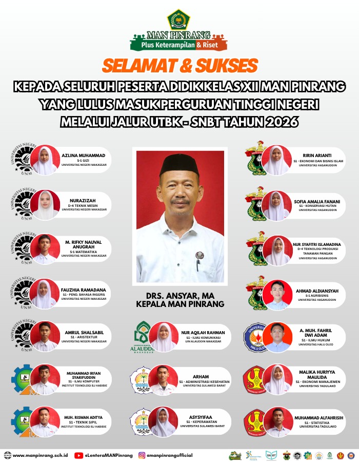 MAN Pinrang Sukses Antar Belasan Siswanya Lolos PTN Jalur UTBK-SNBT 2026