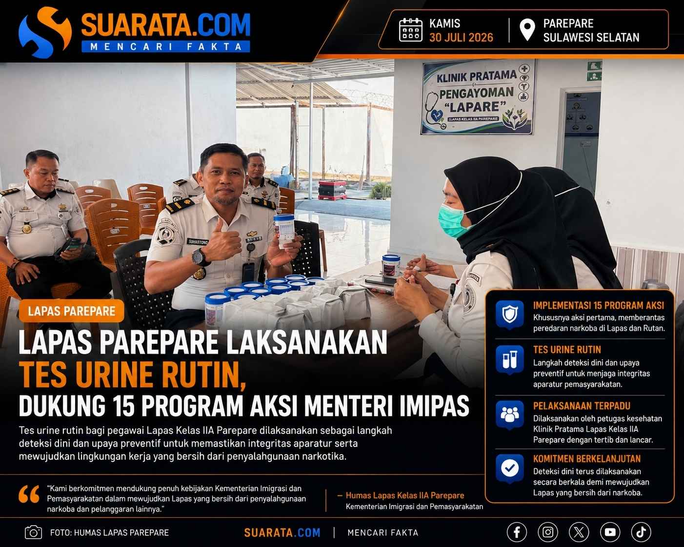 Lapas Parepare Laksanakan Tes Urine Rutin Dukung 15 Program Aksi Menteri IMIPAS