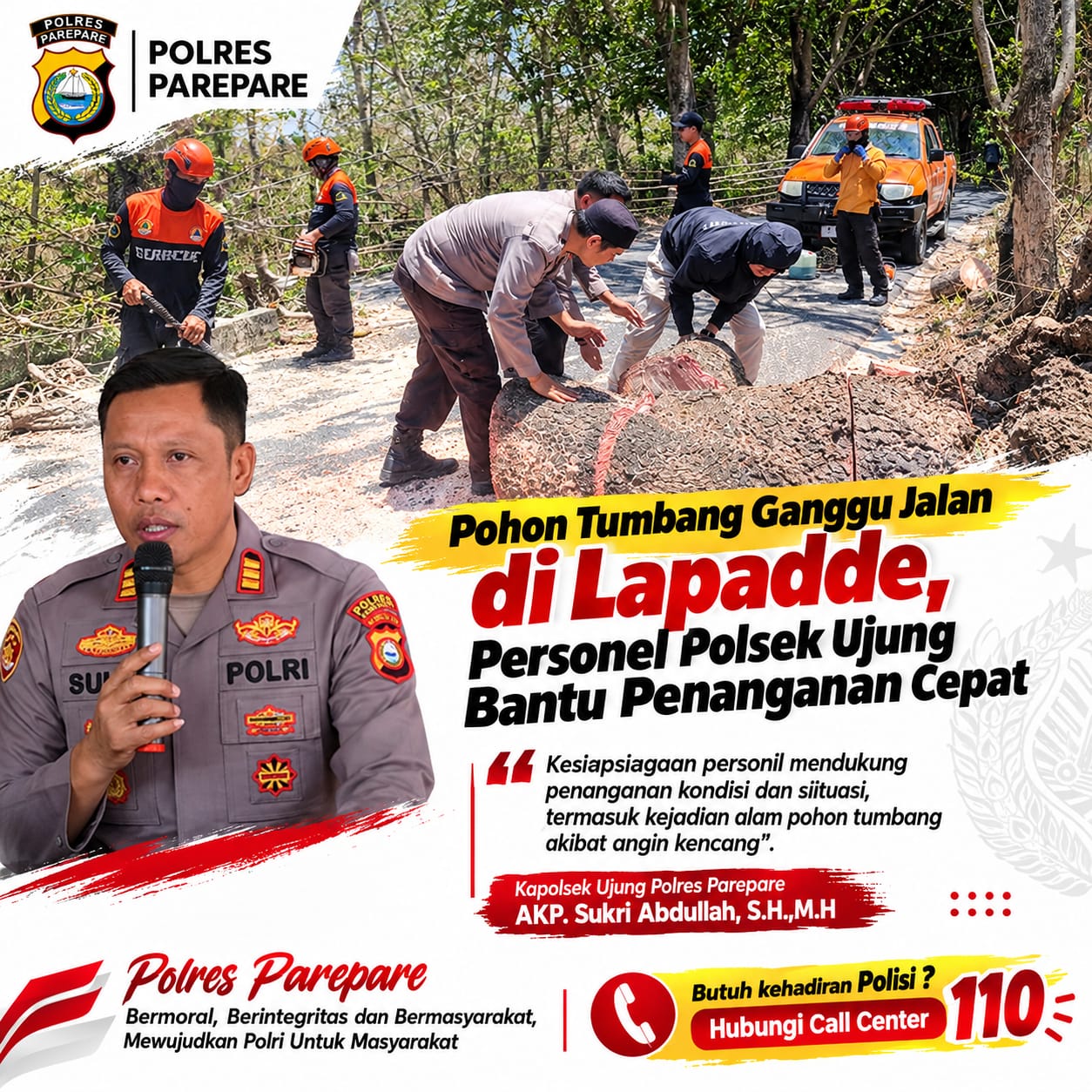 Pohon Tumbang Ganggu Jalan di Lapadde, Personel Polsek Ujung Bantu Penanganan Cepat
